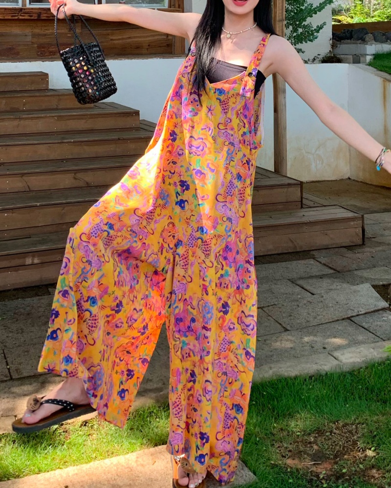 Art Oil Painting V-neck Cami Wide Leg Jumpsuit