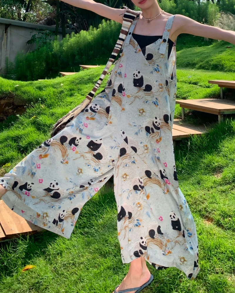 Lazy Style Retro Blue-gray Panda Printed Cami Wide Leg Jumpsuit