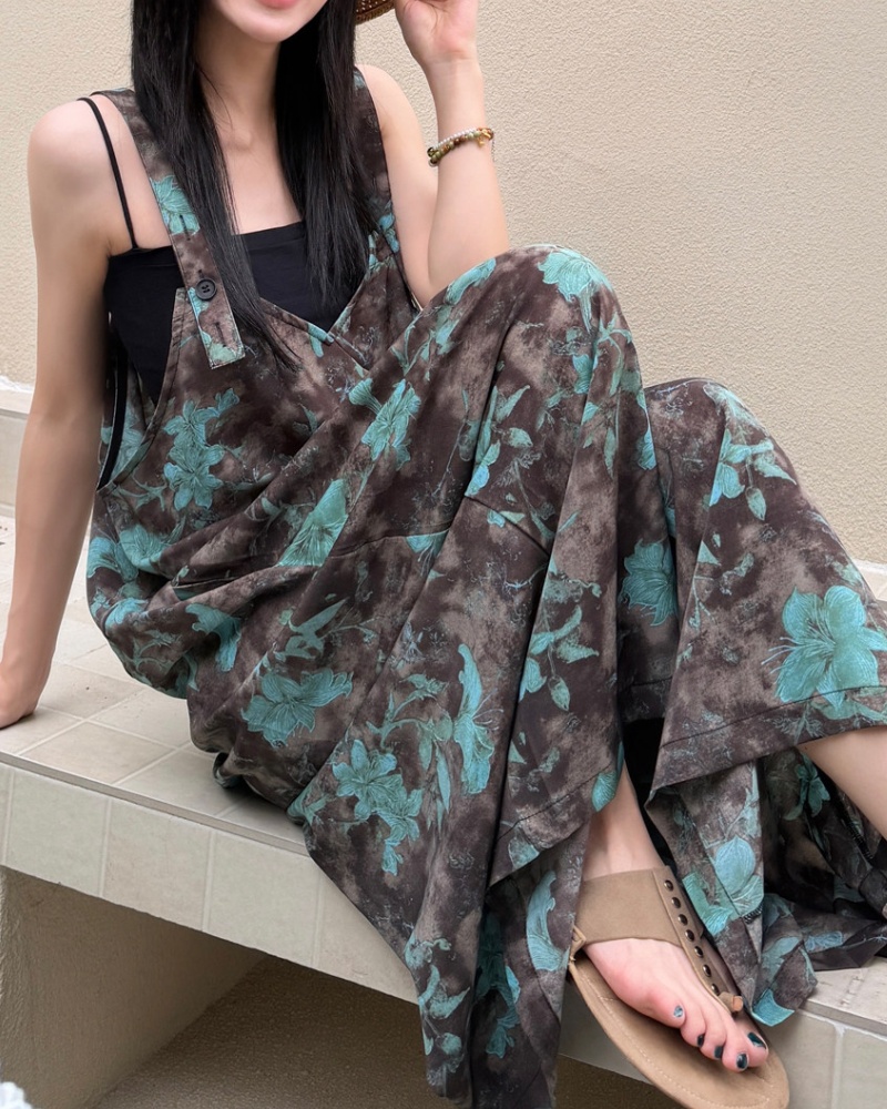 Original Retro Gradient Blue-Green Floral Cami Wide Leg Jumpsuit