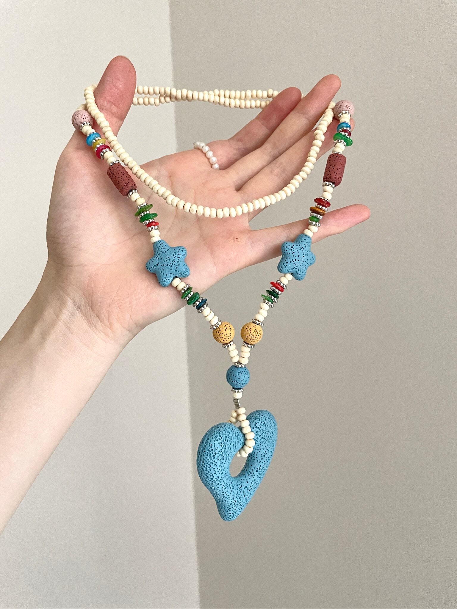 Vintage Dopamine Volcanic Stone Blue Heart Necklace