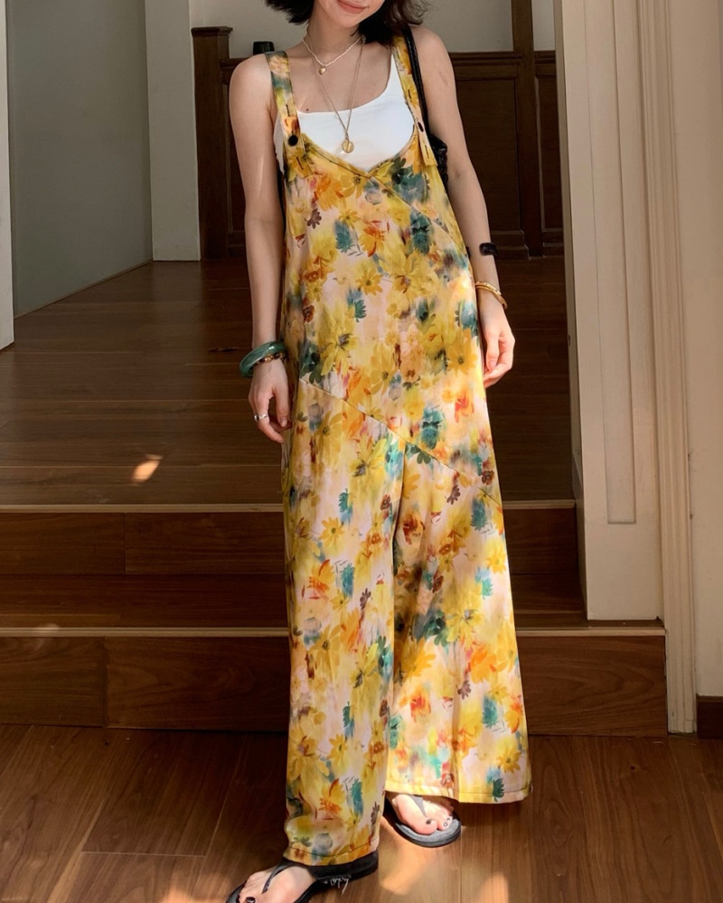 Vintage Oil Painting Printed V-neck Jumpsuit