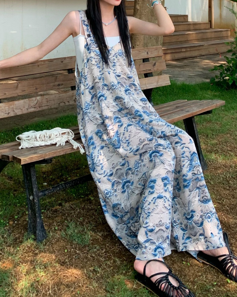 Lazy Style Blue and White Porcelain Cami Wide Leg Jumpsuit