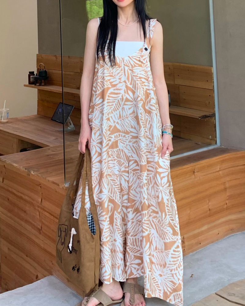 Vacation Style Off-white Leaf Printed Cami Wide Leg Jumpsuit
