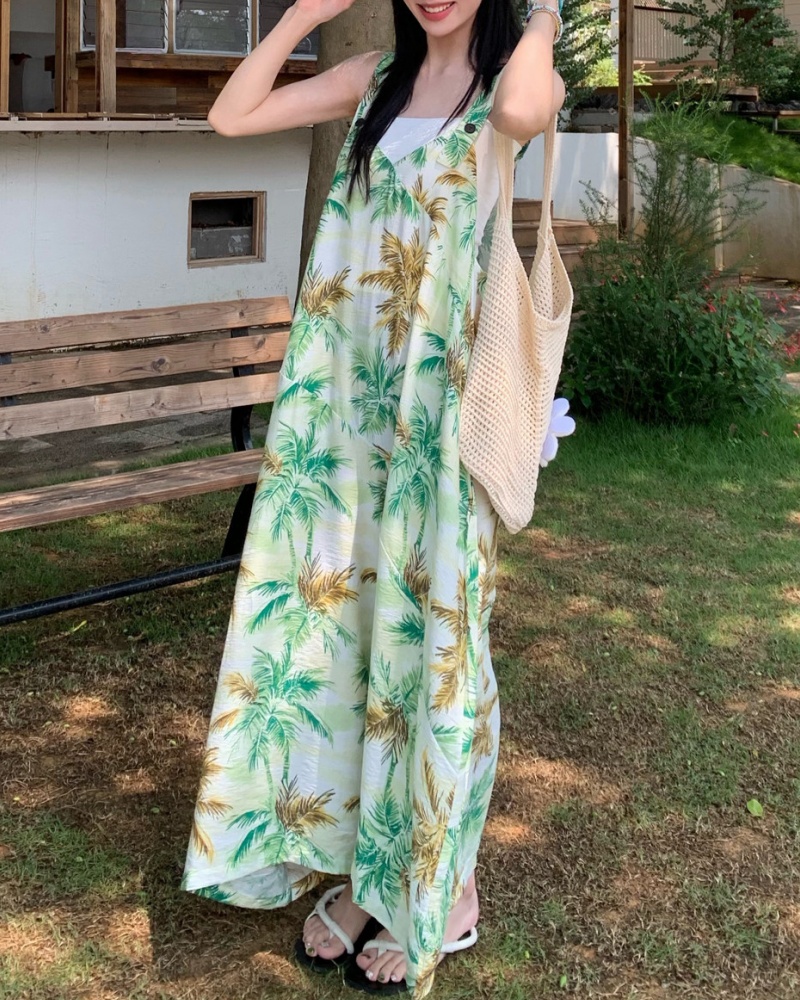 Island Vacation Style Coconut Grove Printed V-neck Cami Wide Leg Jumpsuit