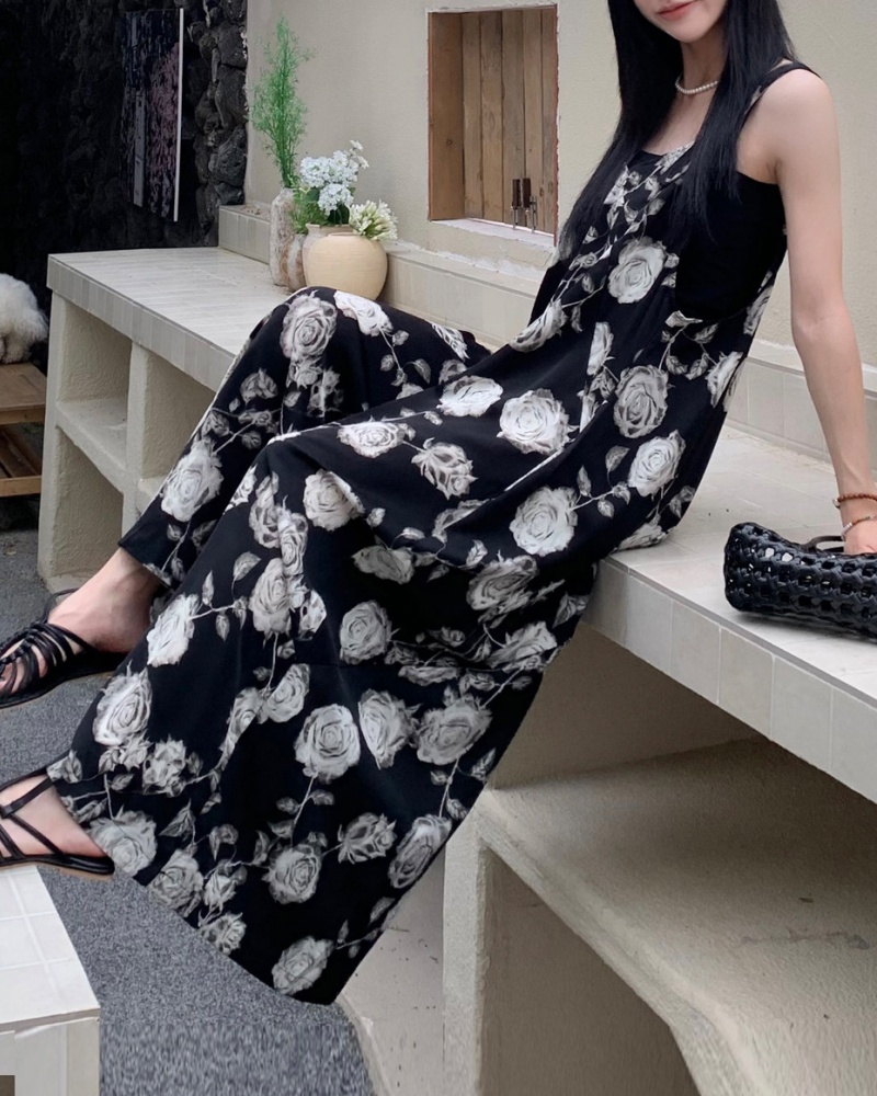 Artistic Lazy Style White Rose Printed Cami Wide Leg Jumpsuit