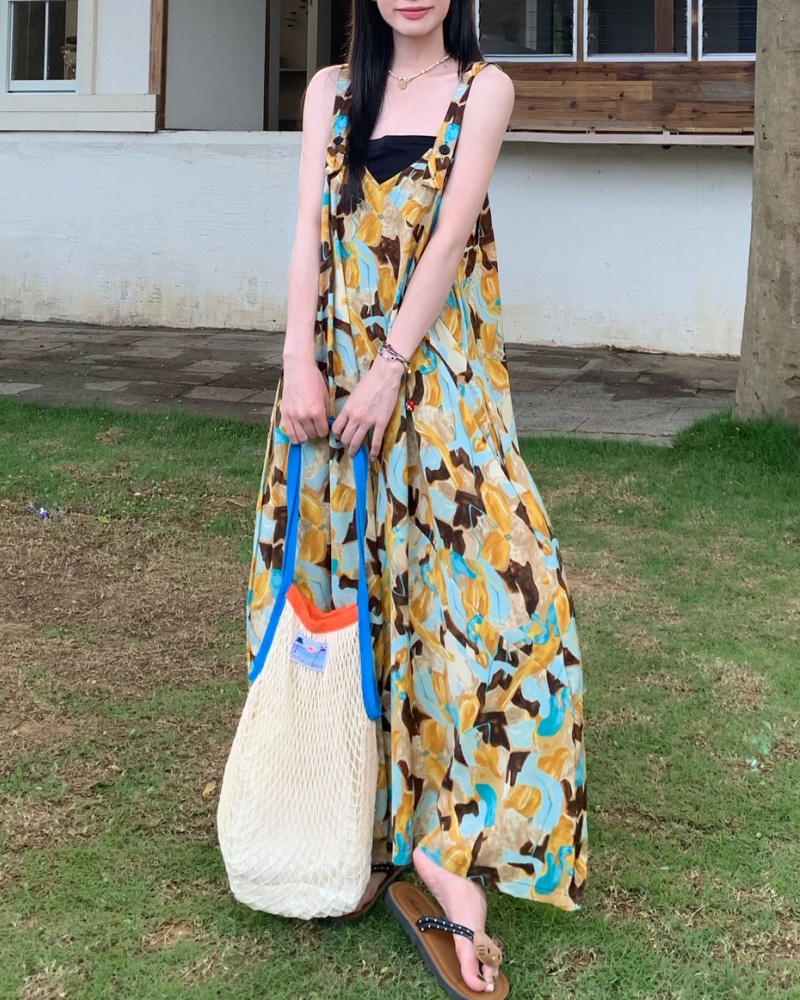 Artistic Gradient Yellow & Blue Tone V-neck Cami Wide Leg Jumpsuit