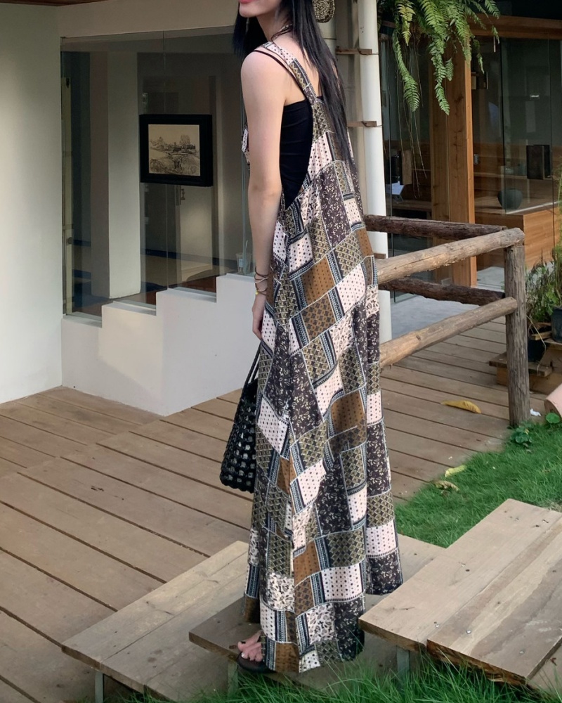 Retro Color-blocked Plaid Cami Wide Leg Jumpsuit