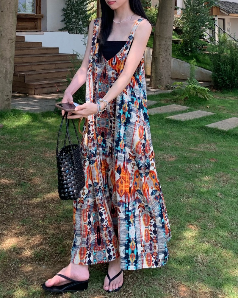 Art Retro Pattern V-neck Cami Wide Leg Jumpsuit