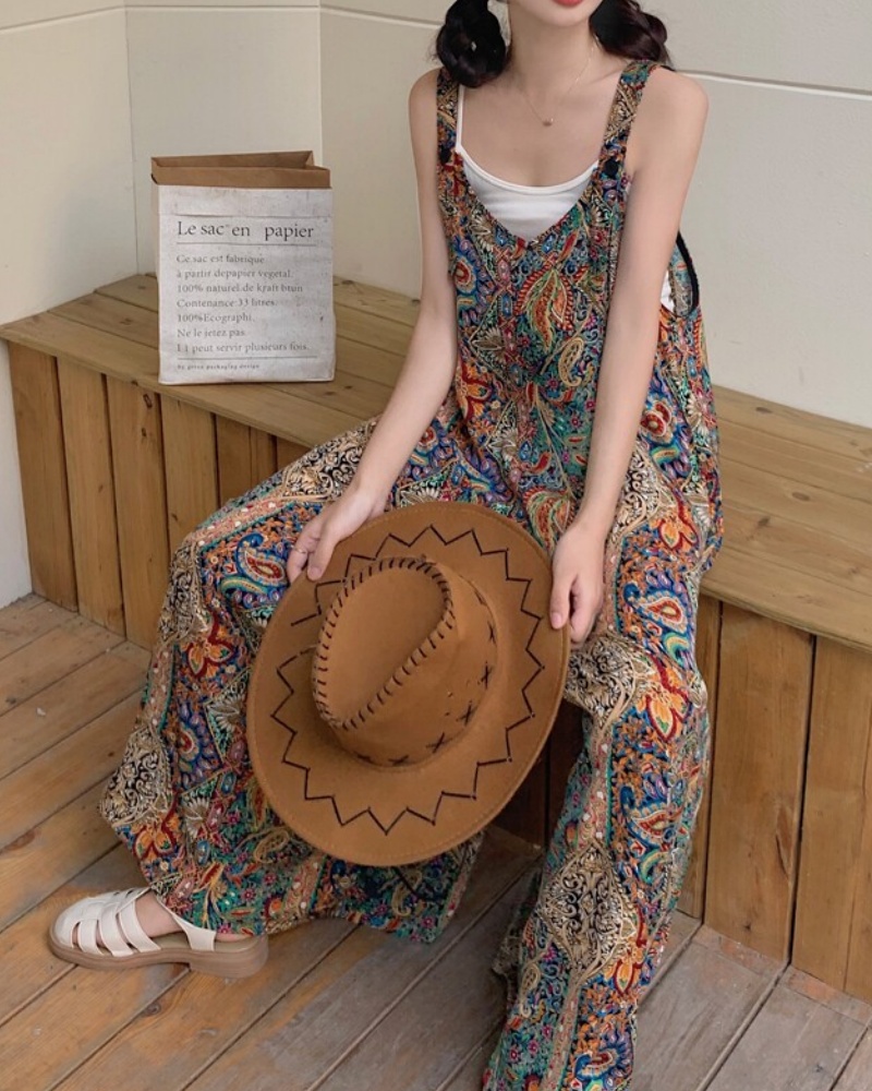 Ethnic Style Colorful Printed Seven-point Cami Wide Leg Jumpsuit