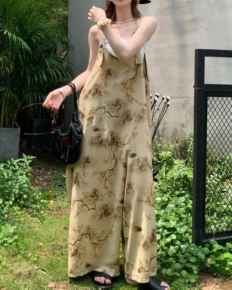 Apricot Art Landscape Painting Lazy Style Strap Wide Leg Jumpsuit