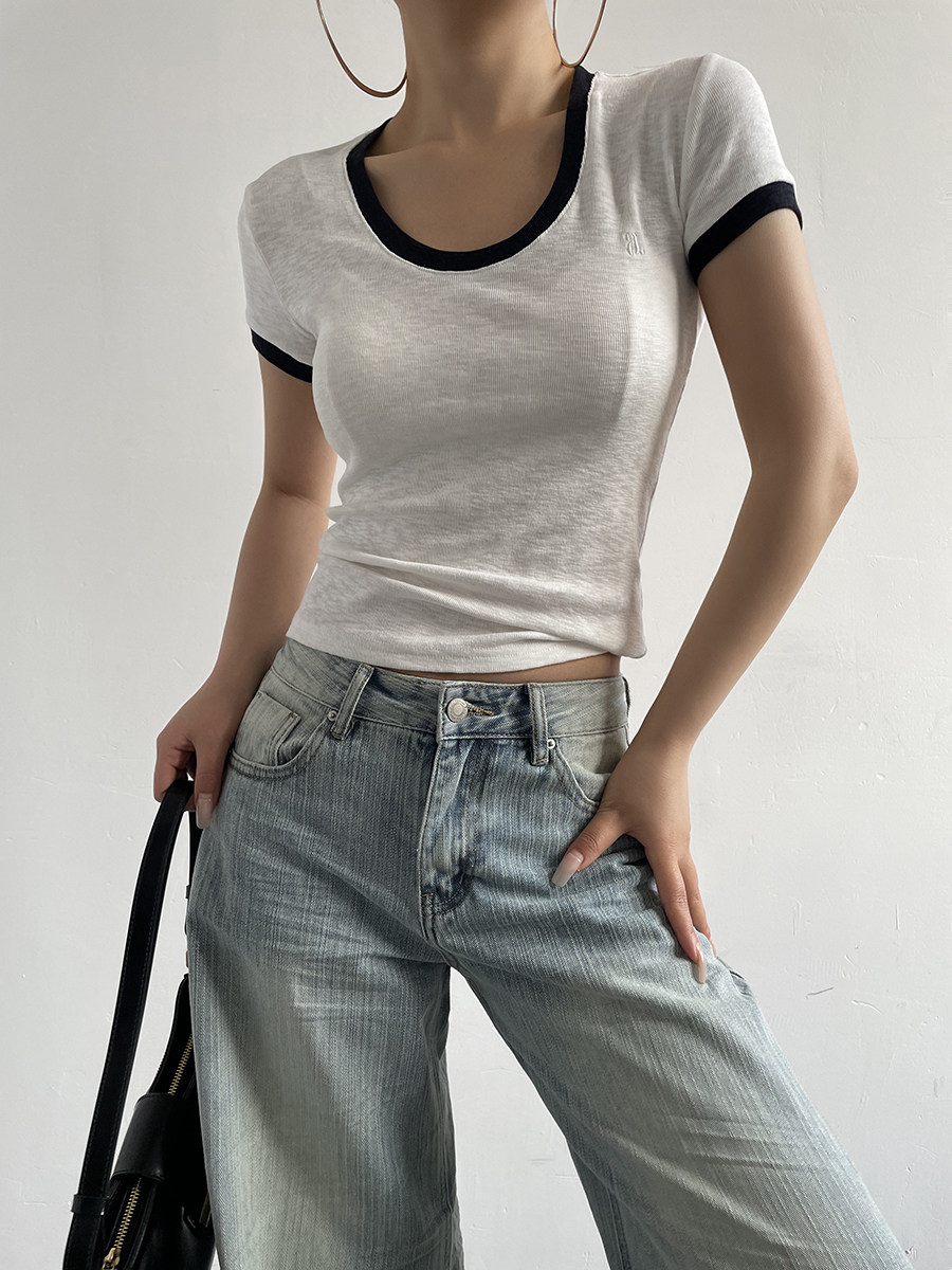 Color Block Crew Neck Knit Short Sleeve Tee For Women