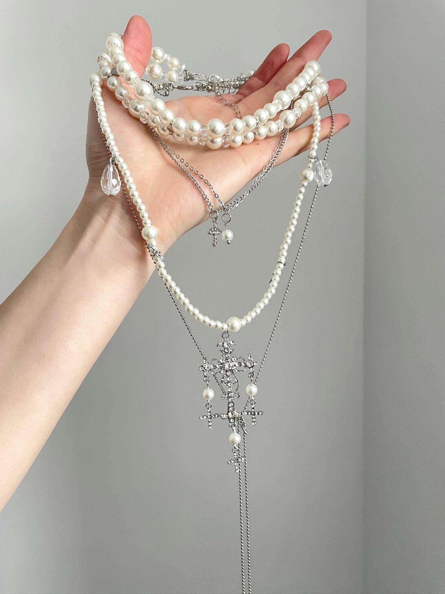Vintage Multi-layered Pearl Cross Choker Clavicle Necklace
