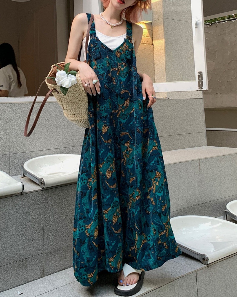 Lazy Style Blue Bell Flower V-neck Cami Wide Leg Jumpsuit