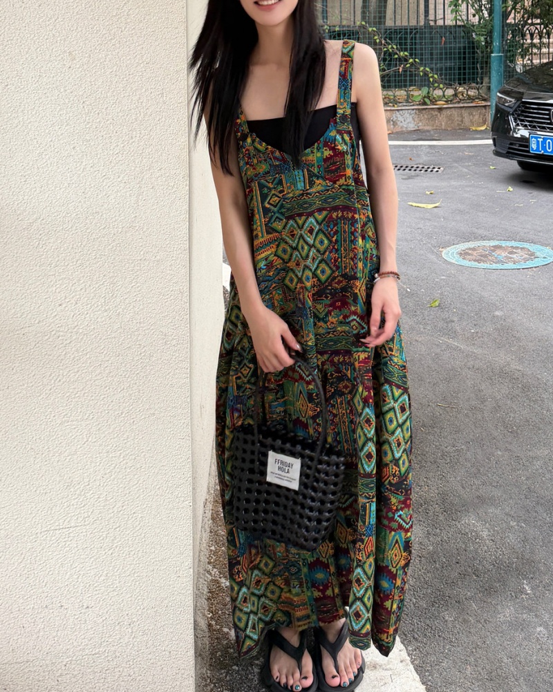 Retro Ethnic Style Green Tone Cami Wide Leg Jumpsuit