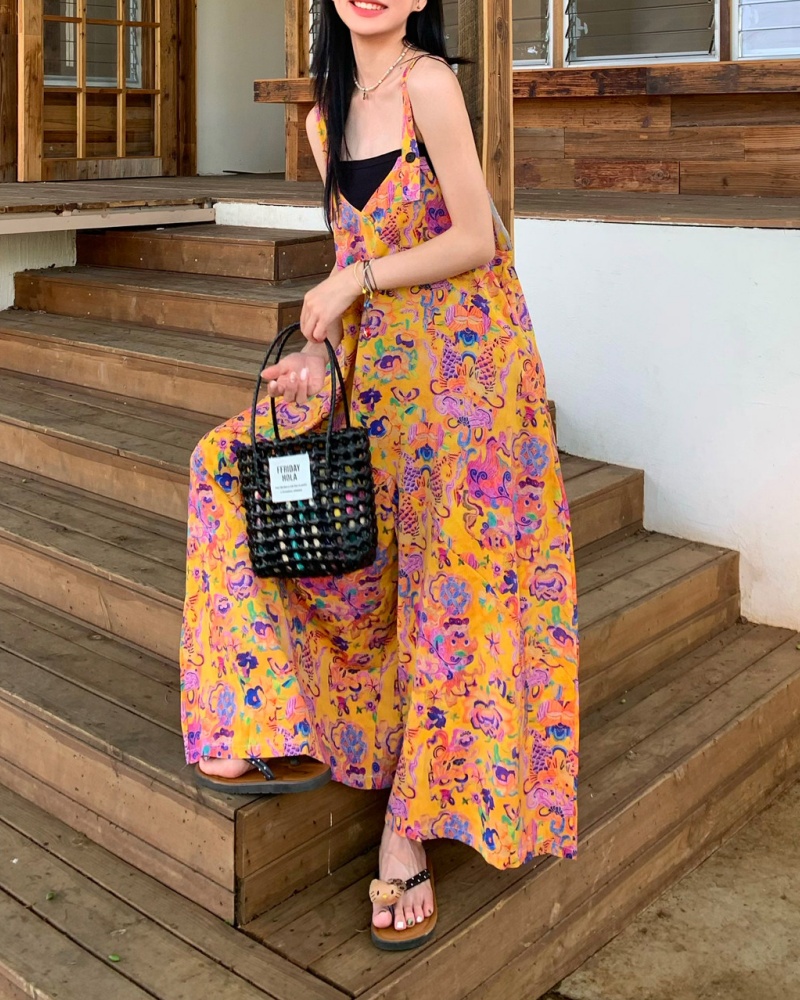 Art Oil Painting V-neck Cami Wide Leg Jumpsuit