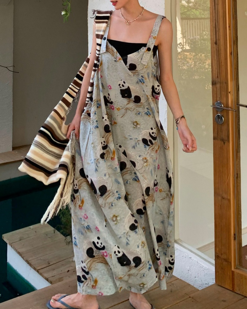Lazy Style Retro Blue-gray Panda Printed Cami Wide Leg Jumpsuit