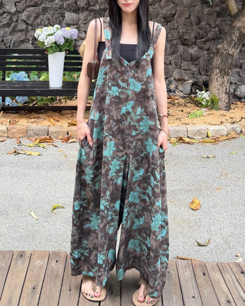 Original Retro Gradient Blue-Green Floral Cami Wide Leg Jumpsuit