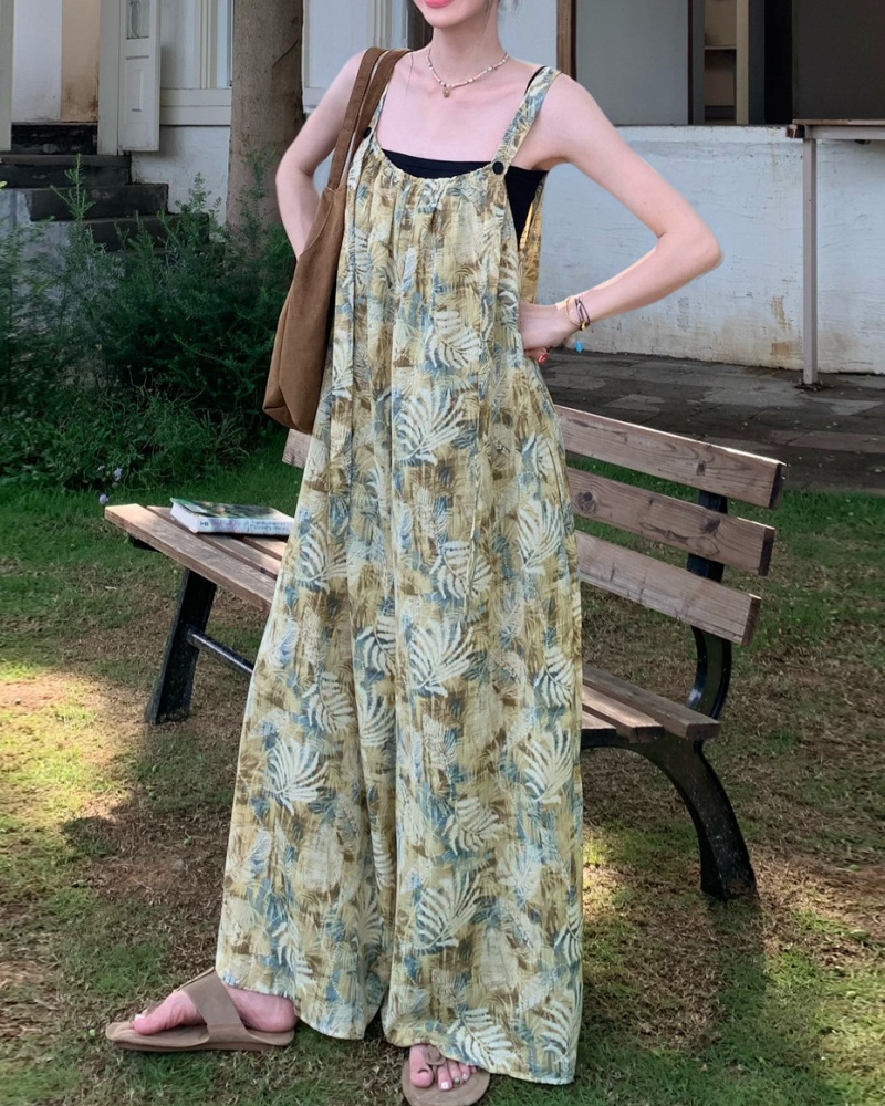 Literary Retro Moss Green Gradient Leaf Printed Cami Wide Leg Jumpsuit