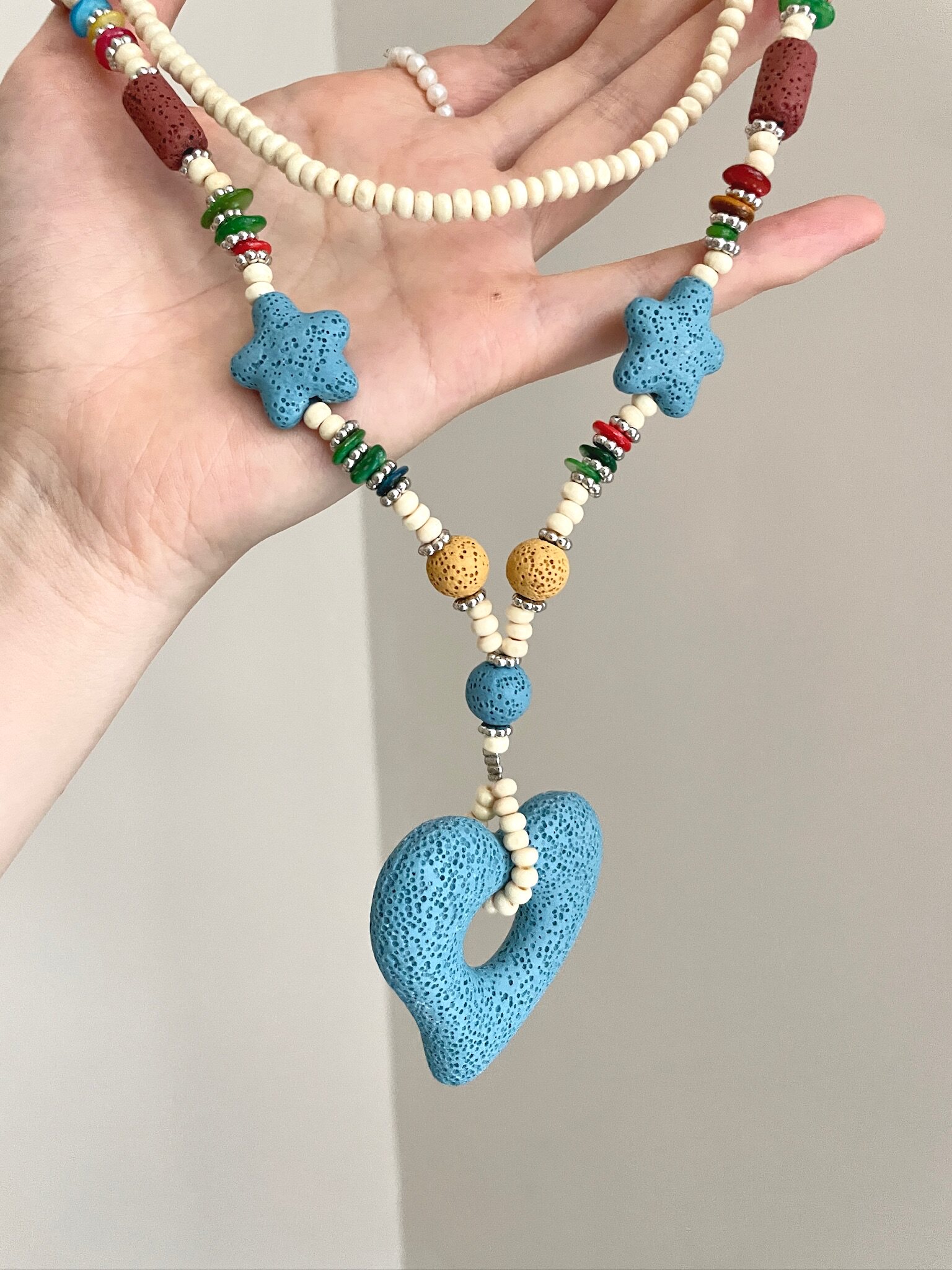 Vintage Dopamine Volcanic Stone Blue Heart Necklace