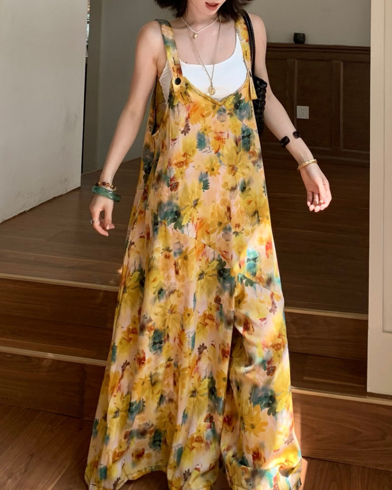 Vintage Oil Painting Printed V-neck Jumpsuit