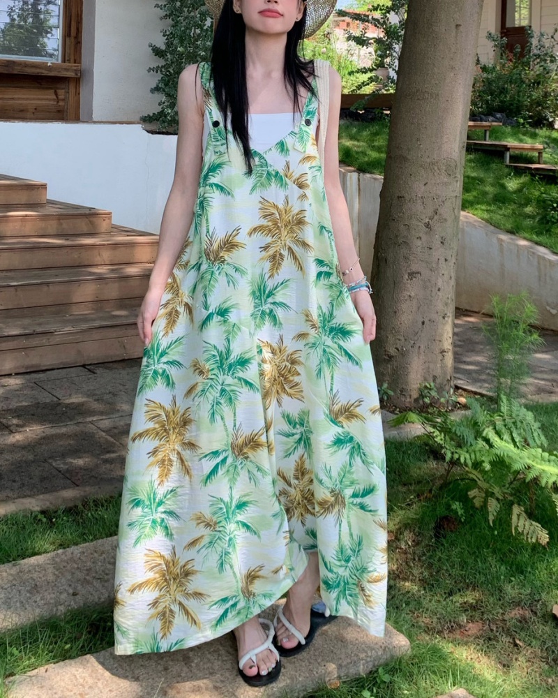 Island Vacation Style Coconut Grove Printed V-neck Cami Wide Leg Jumpsuit