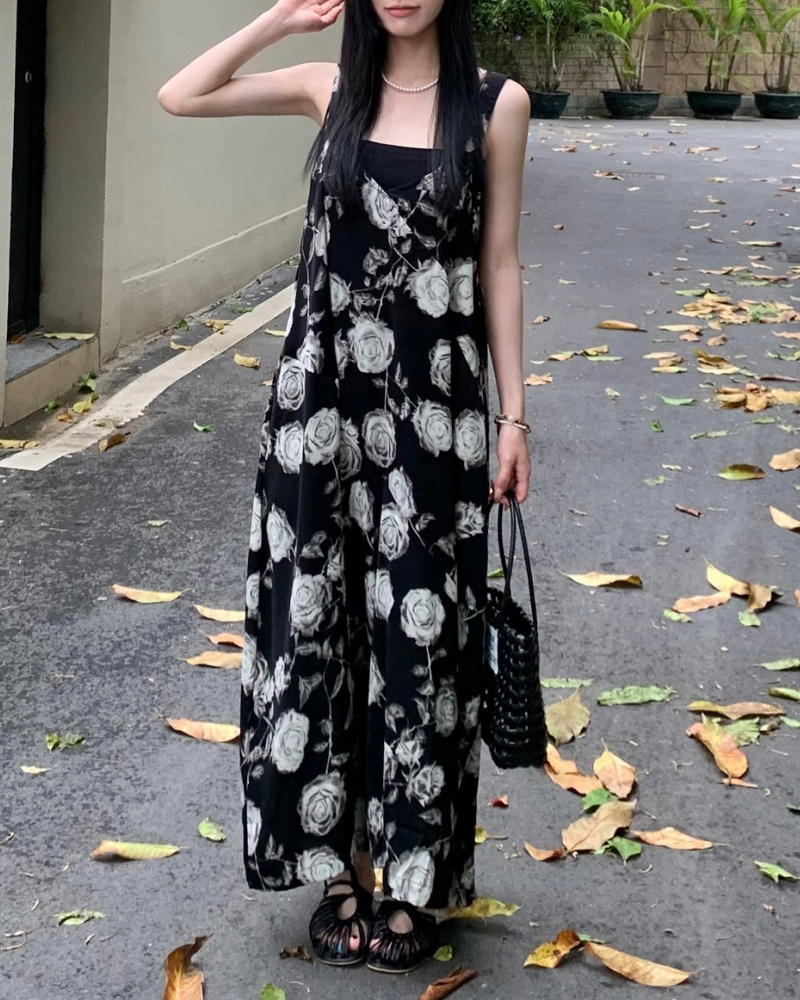 Artistic Lazy Style White Rose Printed Cami Wide Leg Jumpsuit