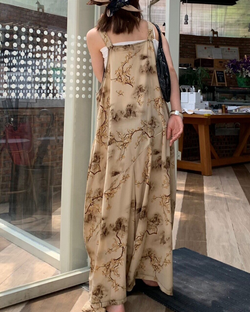 Apricot Art Landscape Painting Lazy Style Strap Wide Leg Jumpsuit