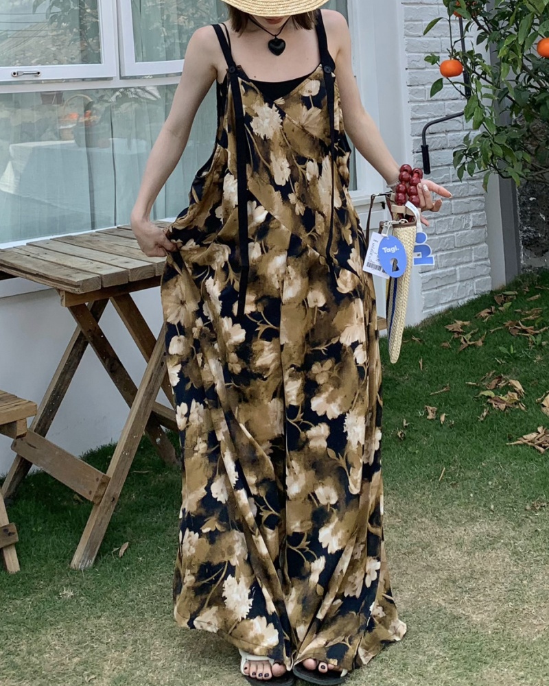 Retro Oil Painting Yellow Gradient V-neck Cami Jumpsuit Skirt Pants