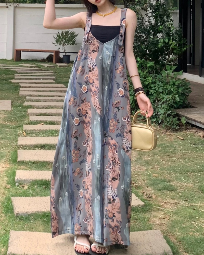 Retro Art Blue & Pink Tone V-neck Cami Wide Leg Jumpsuit