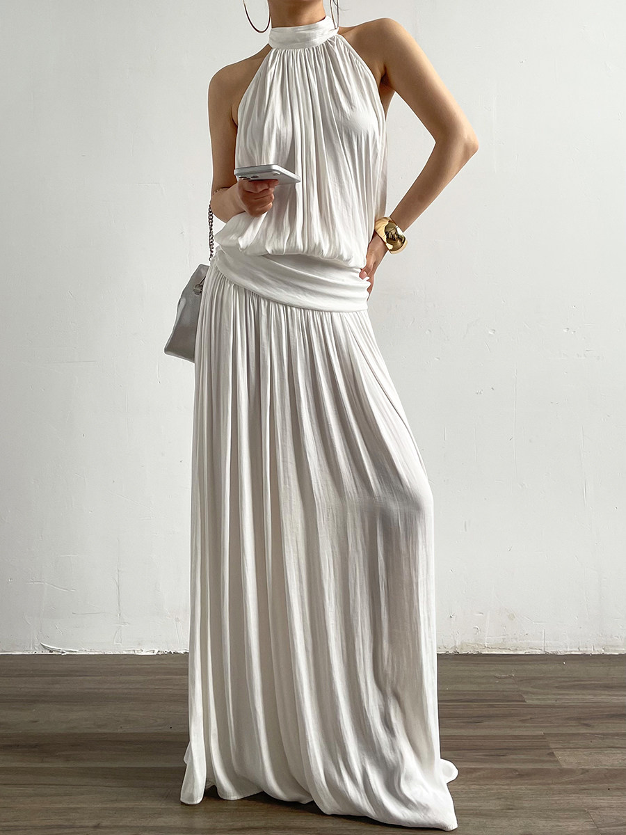 Mock Neck Halter Pleated Maxi Dress For Women