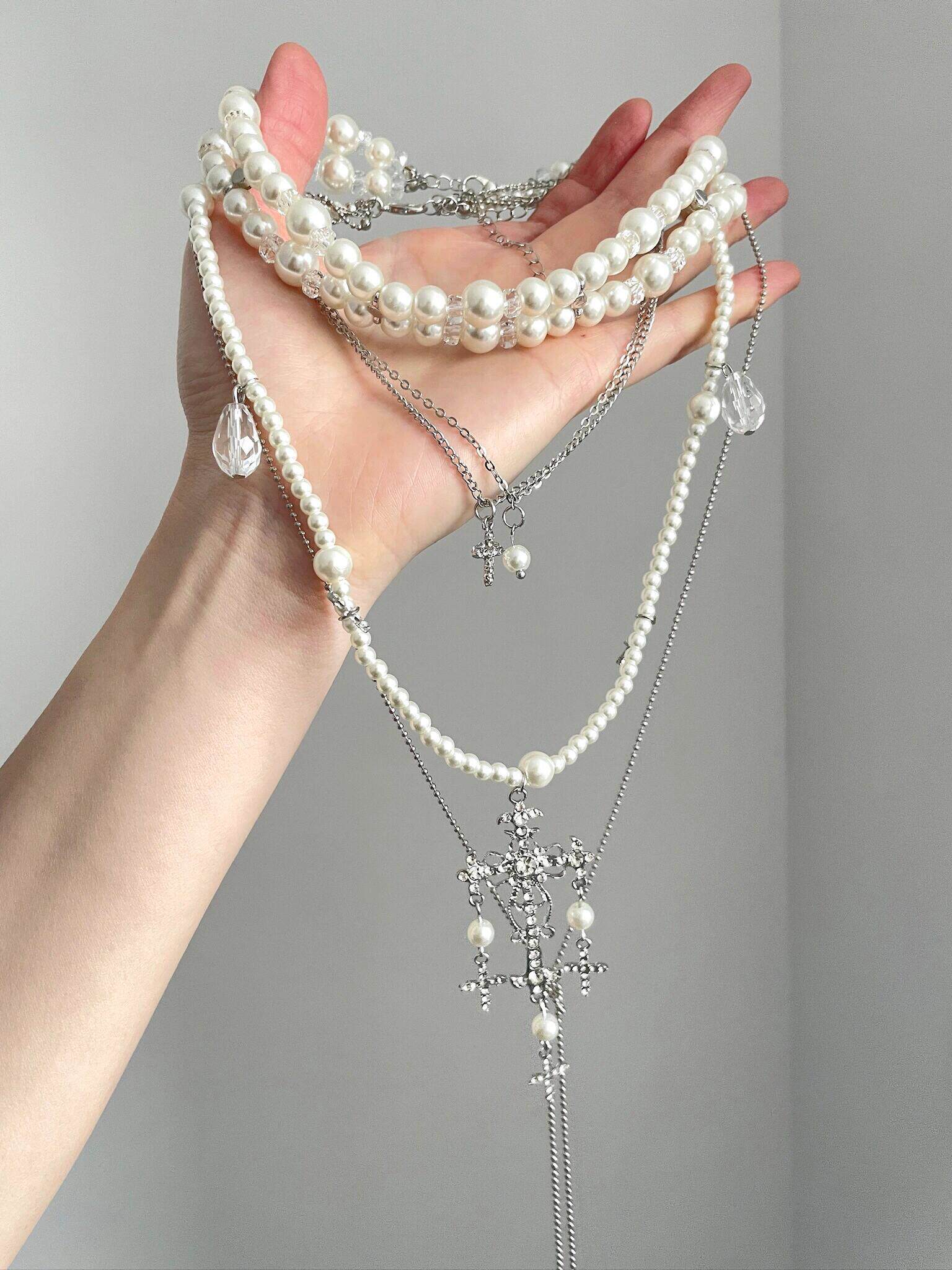 Vintage Multi-layered Pearl Cross Choker Clavicle Necklace