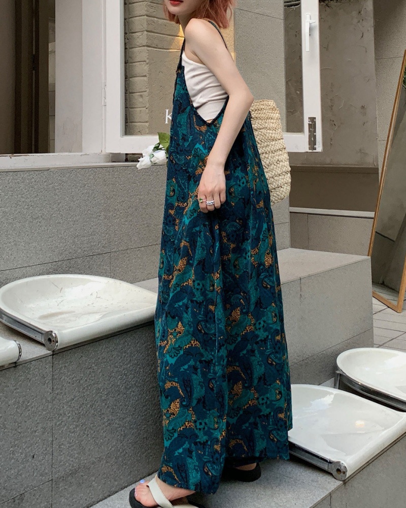 Lazy Style Blue Bell Flower V-neck Cami Wide Leg Jumpsuit