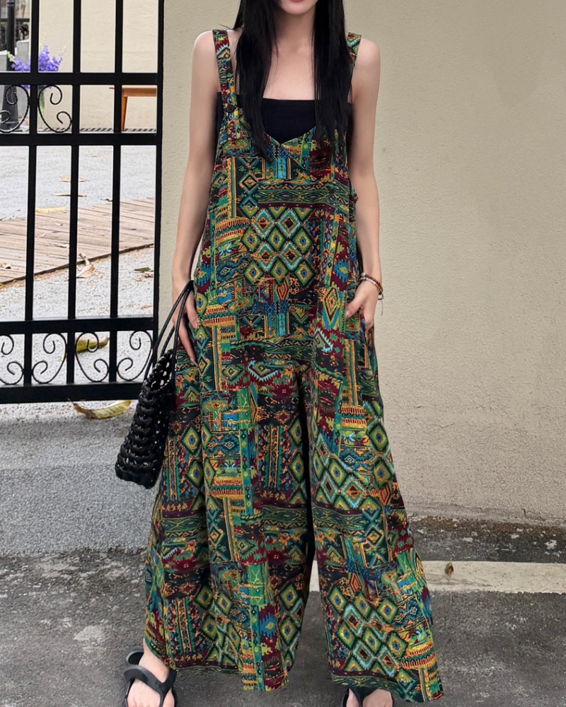Retro Ethnic Style Green Tone Cami Wide Leg Jumpsuit