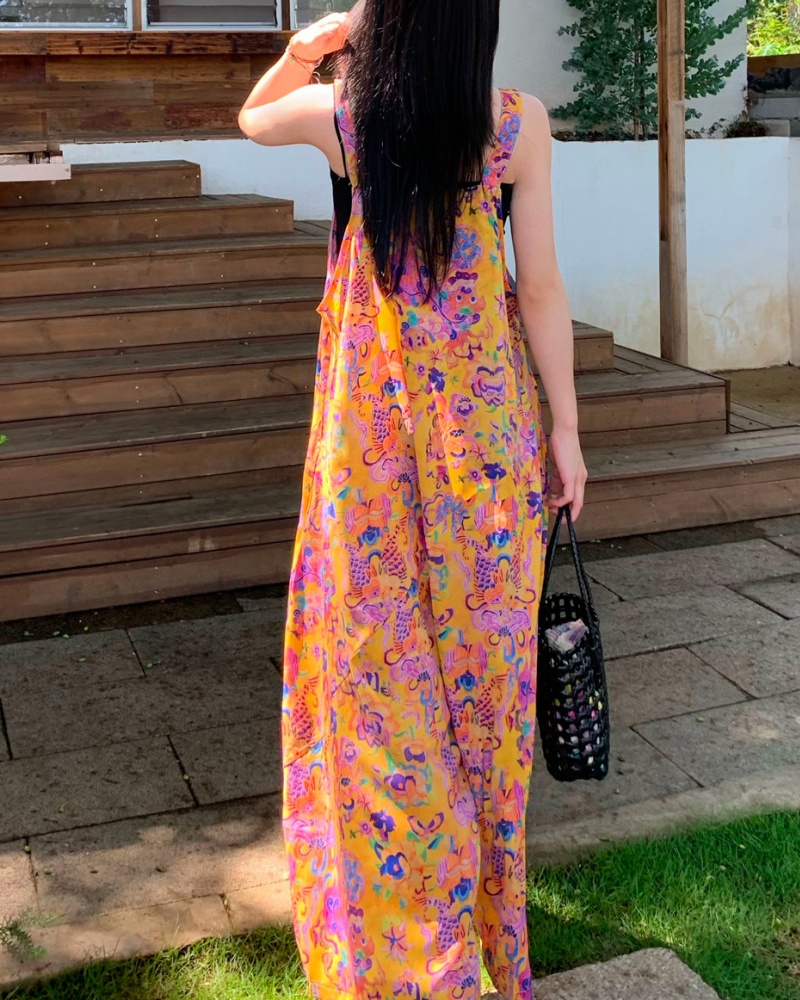 Art Oil Painting V-neck Cami Wide Leg Jumpsuit