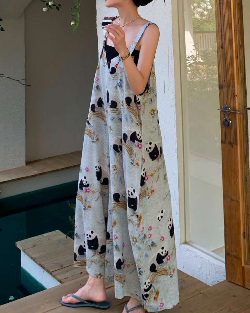 Lazy Style Retro Blue-gray Panda Printed Cami Wide Leg Jumpsuit