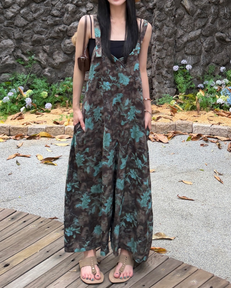 Original Retro Gradient Blue-Green Floral Cami Wide Leg Jumpsuit