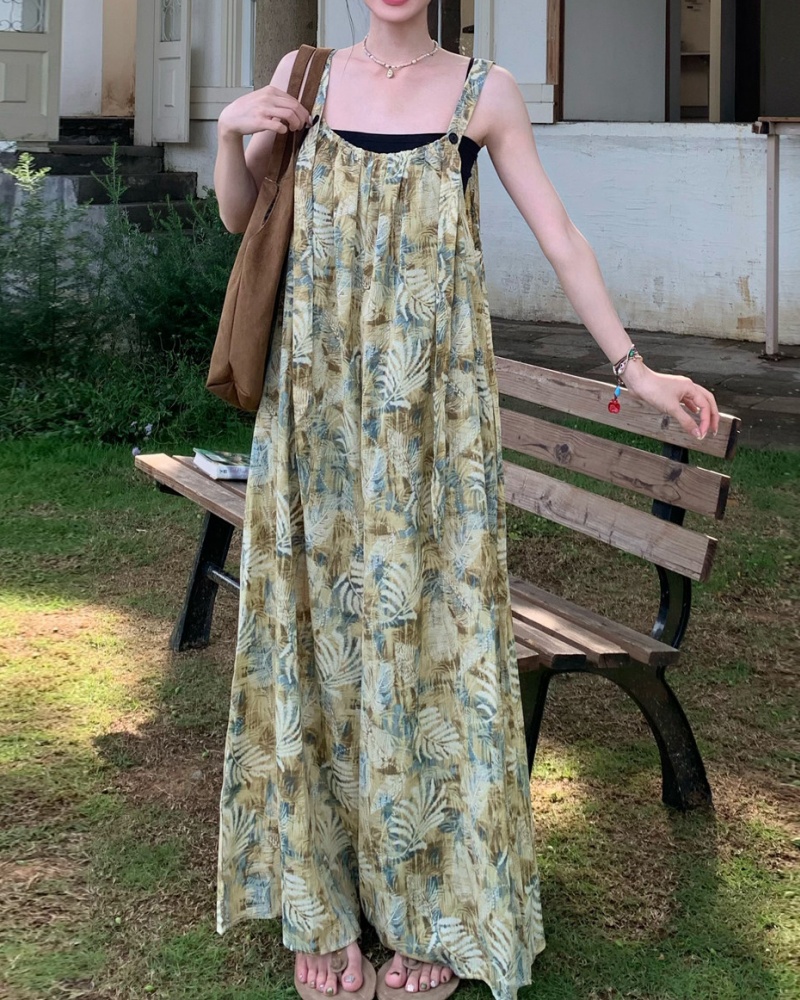 Literary Retro Moss Green Gradient Leaf Printed Cami Wide Leg Jumpsuit