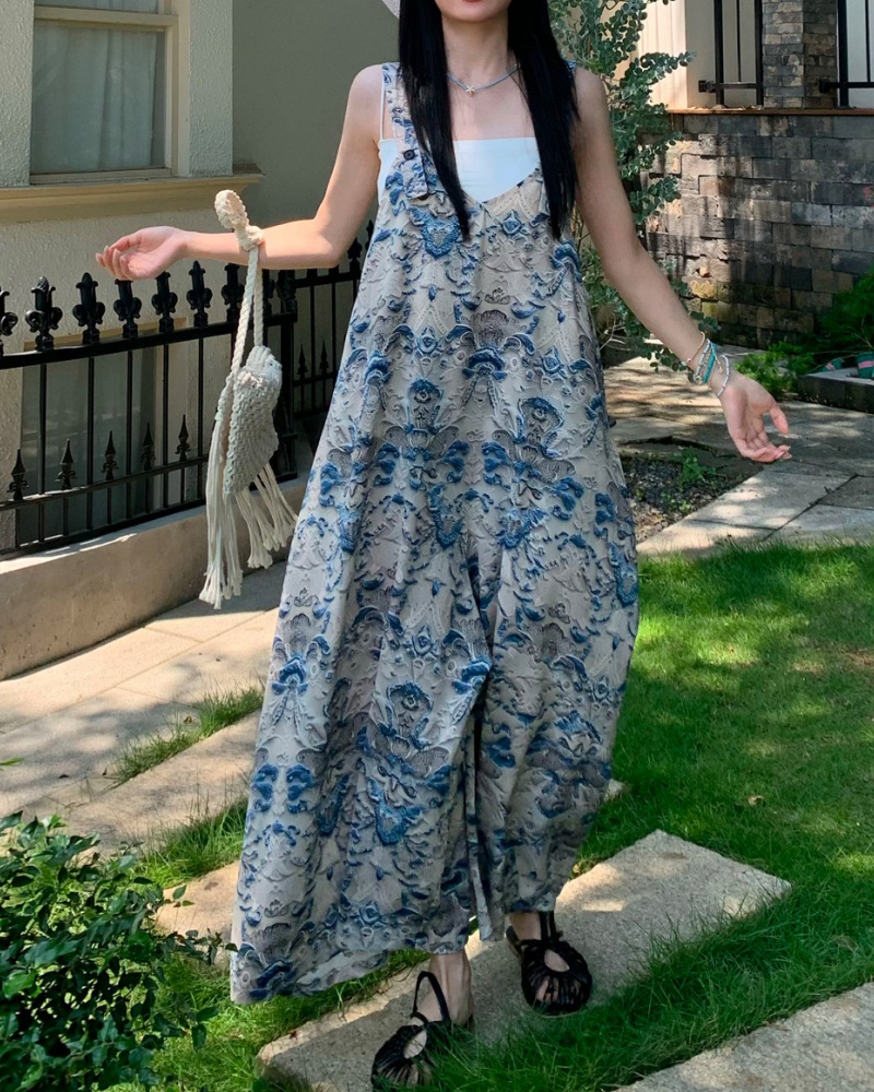 Lazy Style Blue and White Porcelain Cami Wide Leg Jumpsuit