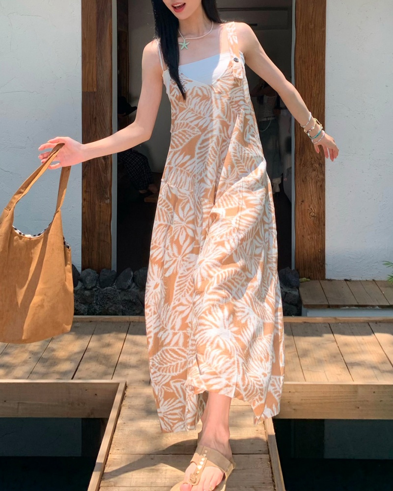 Vacation Style Off-white Leaf Printed Cami Wide Leg Jumpsuit