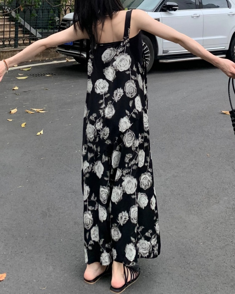 Artistic Lazy Style White Rose Printed Cami Wide Leg Jumpsuit