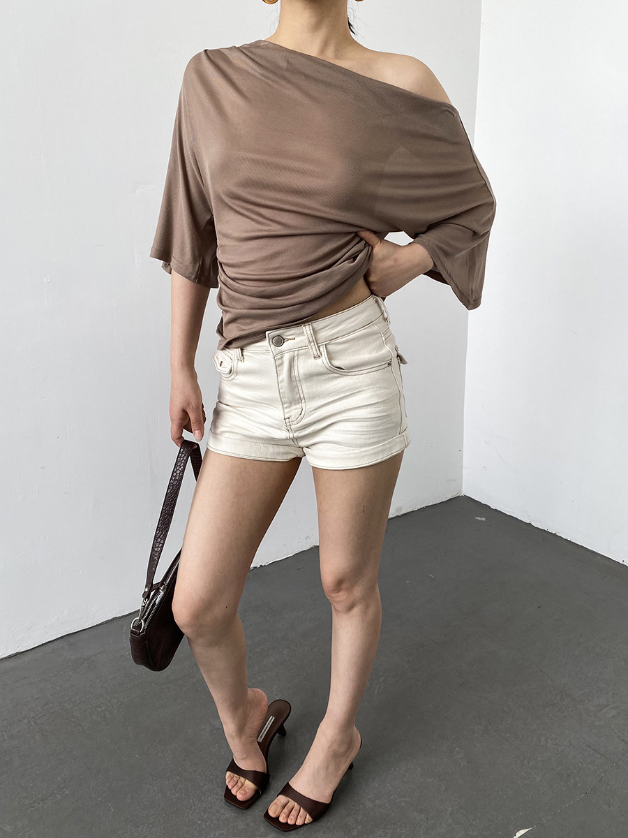 Draped Neck Slim Short Sleeve Knit Crop Top For Women
