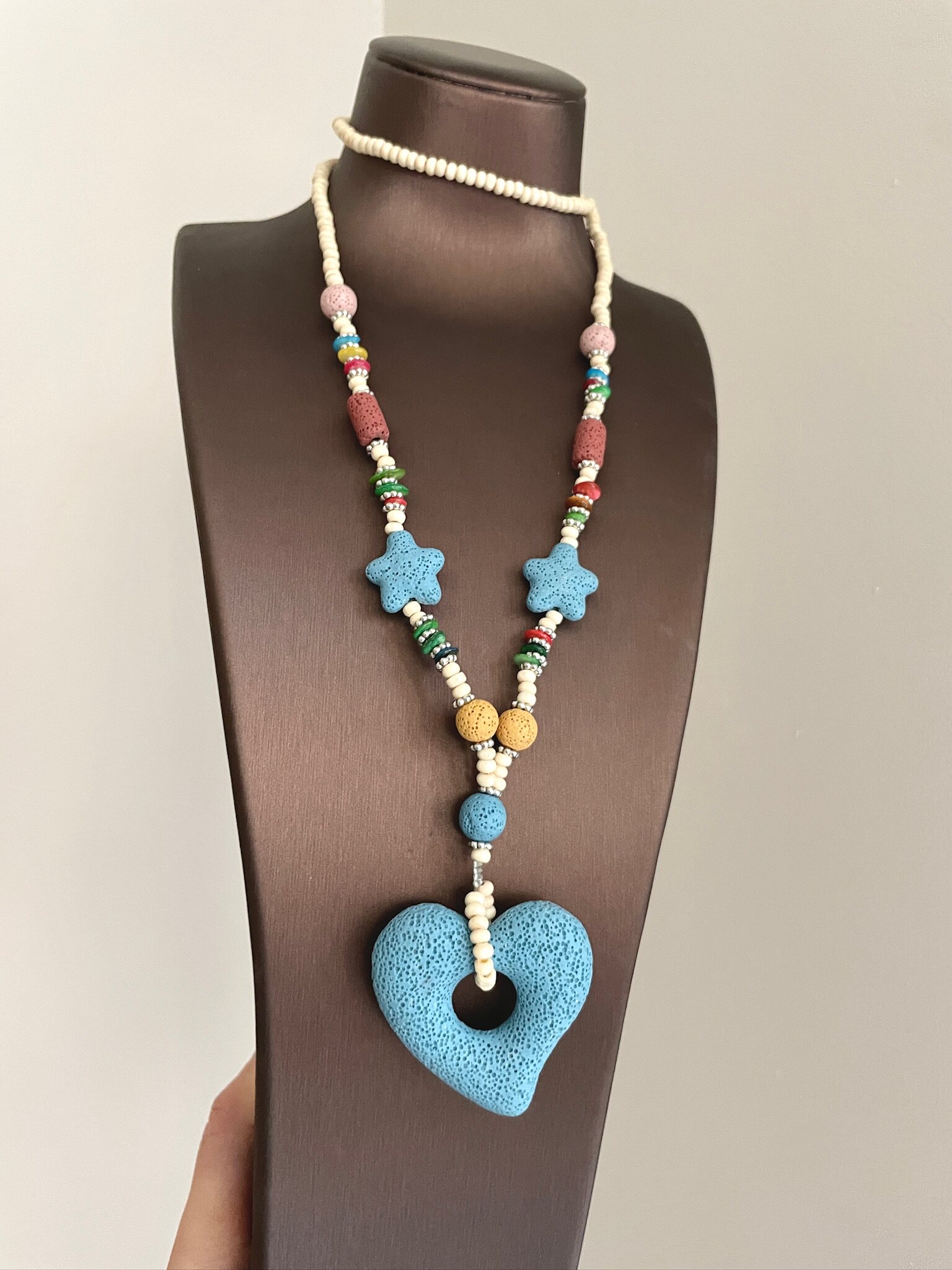 Vintage Dopamine Volcanic Stone Blue Heart Necklace