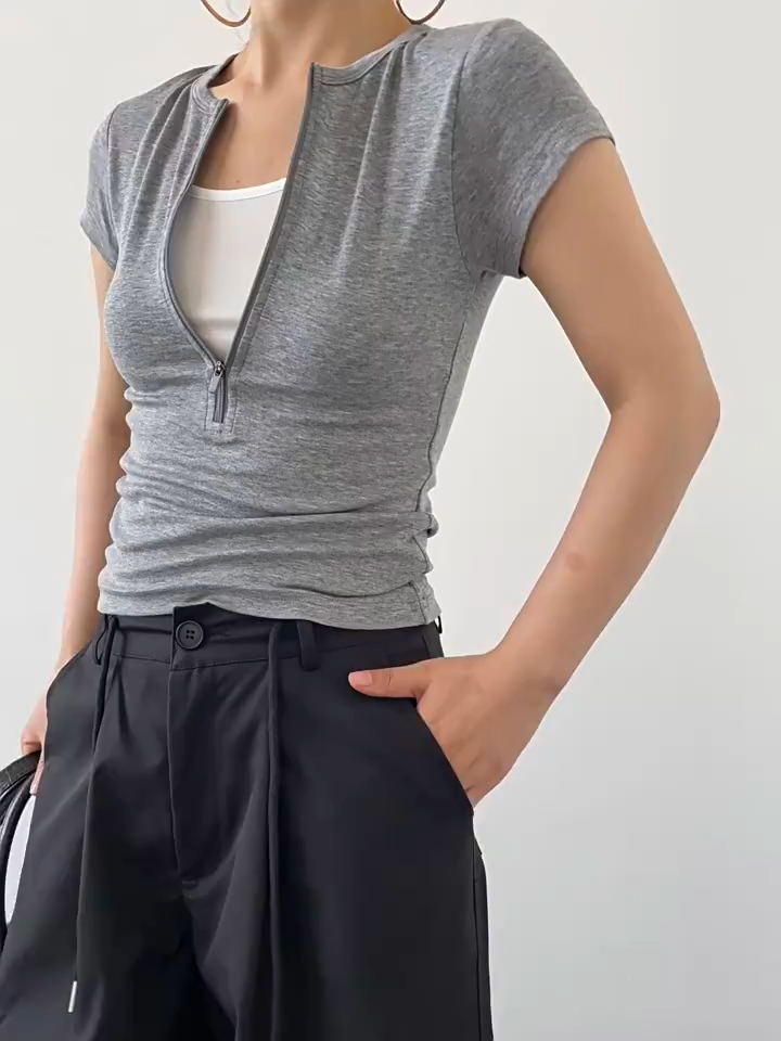 Zip Half Placket Slim Cropped Polo Short Sleeve Tee For Women