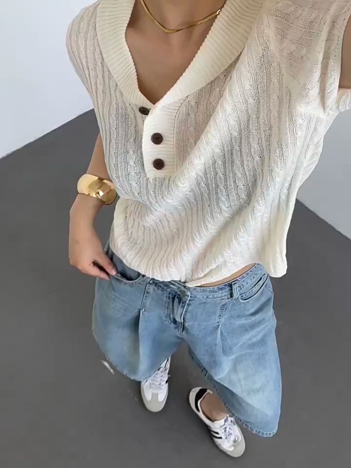 Turn Down Collar Knit Short Sleeve Crop Tee For Women