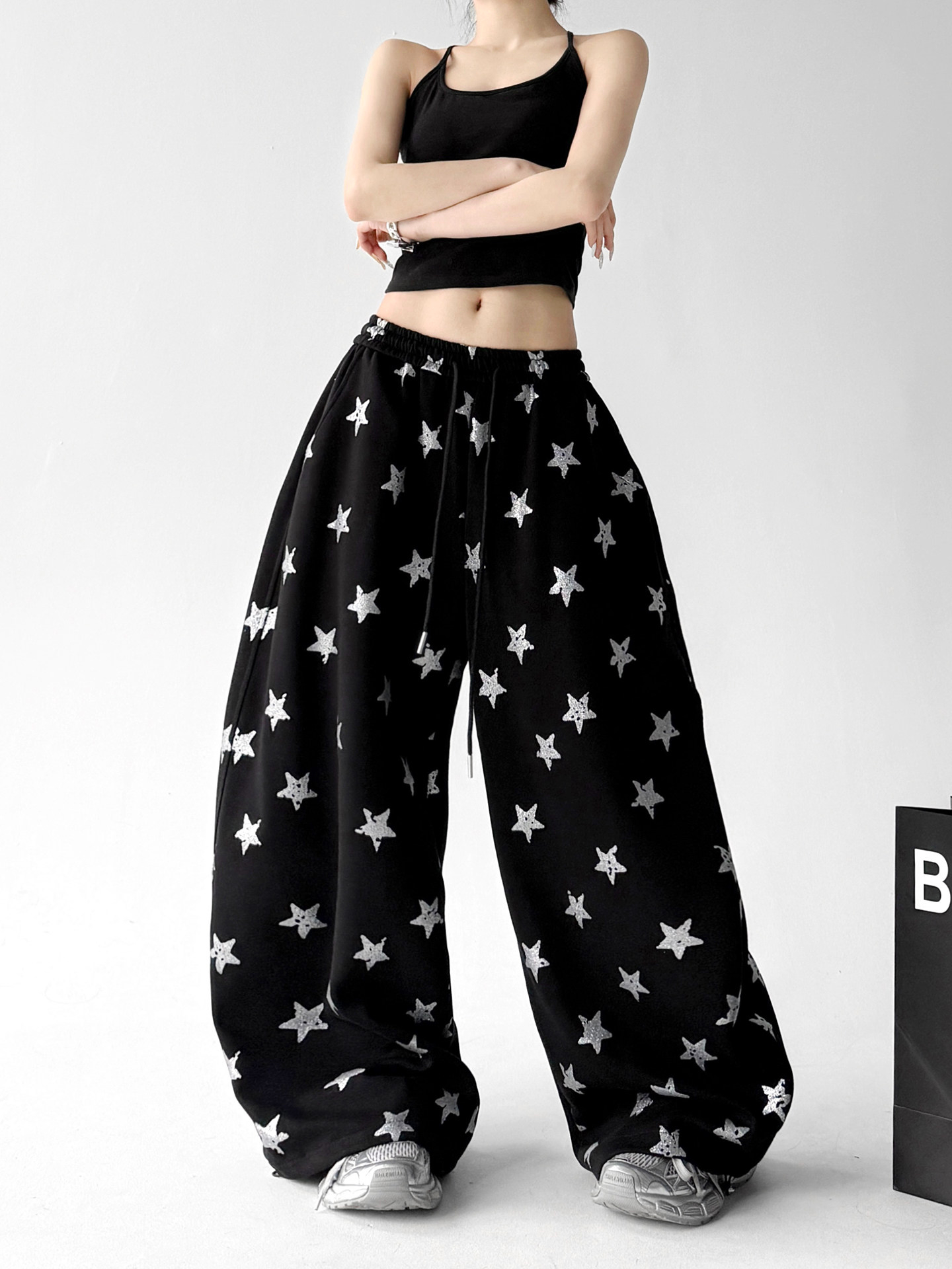 Black Star Print Loose High Waist Wide Leg Sports Pants