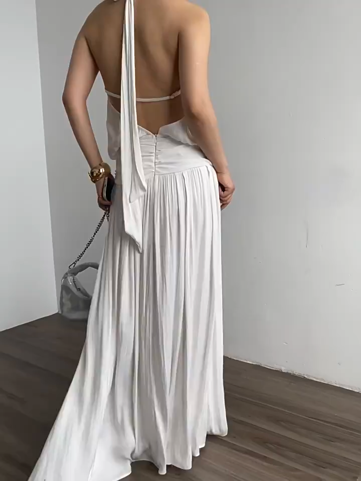 Mock Neck Halter Pleated Maxi Dress For Women