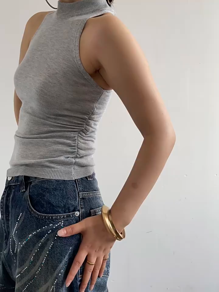 Mock Neck Twisted Back High Stretch Slim Knit Cami Top For Women