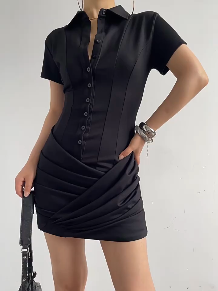 Collared Single Button Ruched Slim Waist Mini Polo Dress For Women