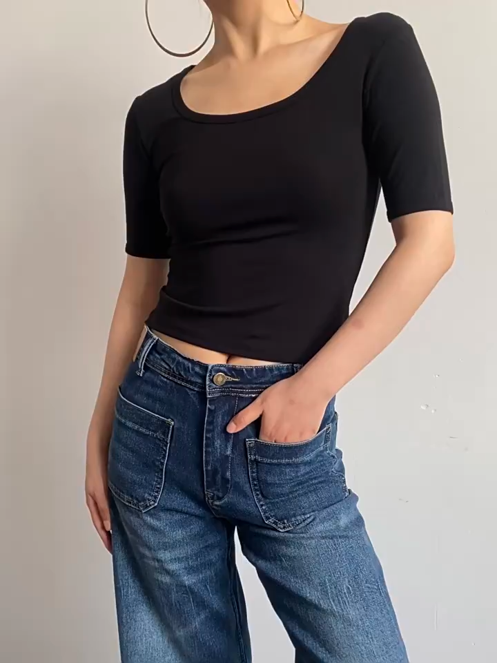U Neck Slim Cropped Elbow Sleeve Solid Knit Tee For Women