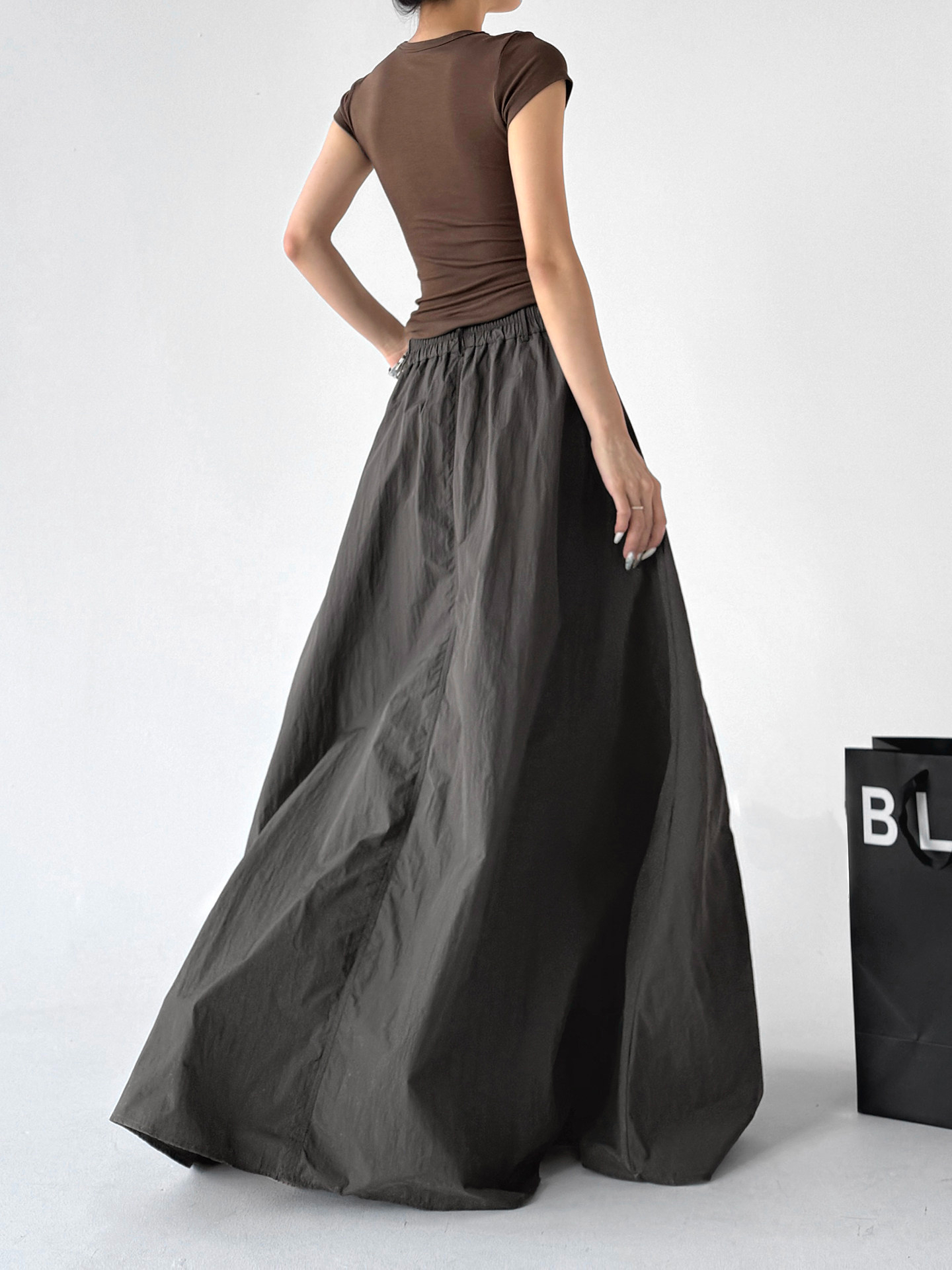 Khaki High Waist Slit Pleated Slim Long A-Line Skirt